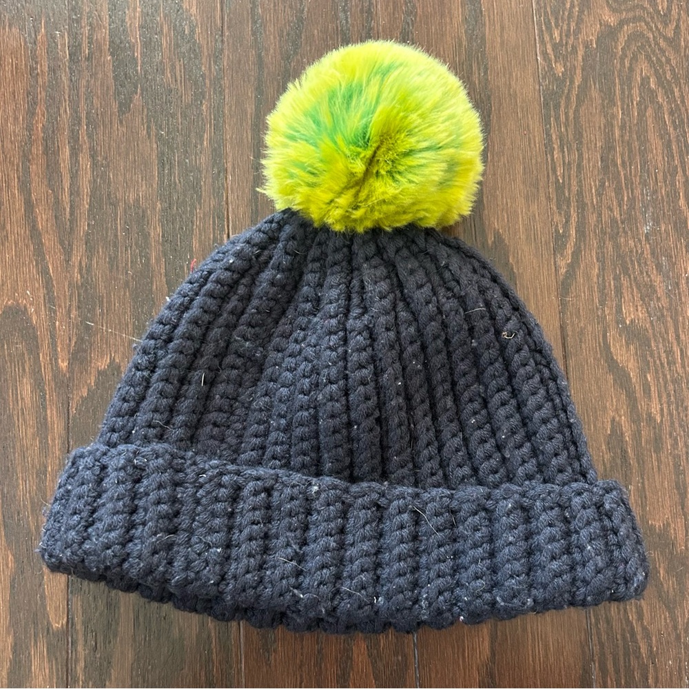 Kate Spade Pompom Cuff Beanie – Navy Knit with Lime Green Pom – Winter Hat